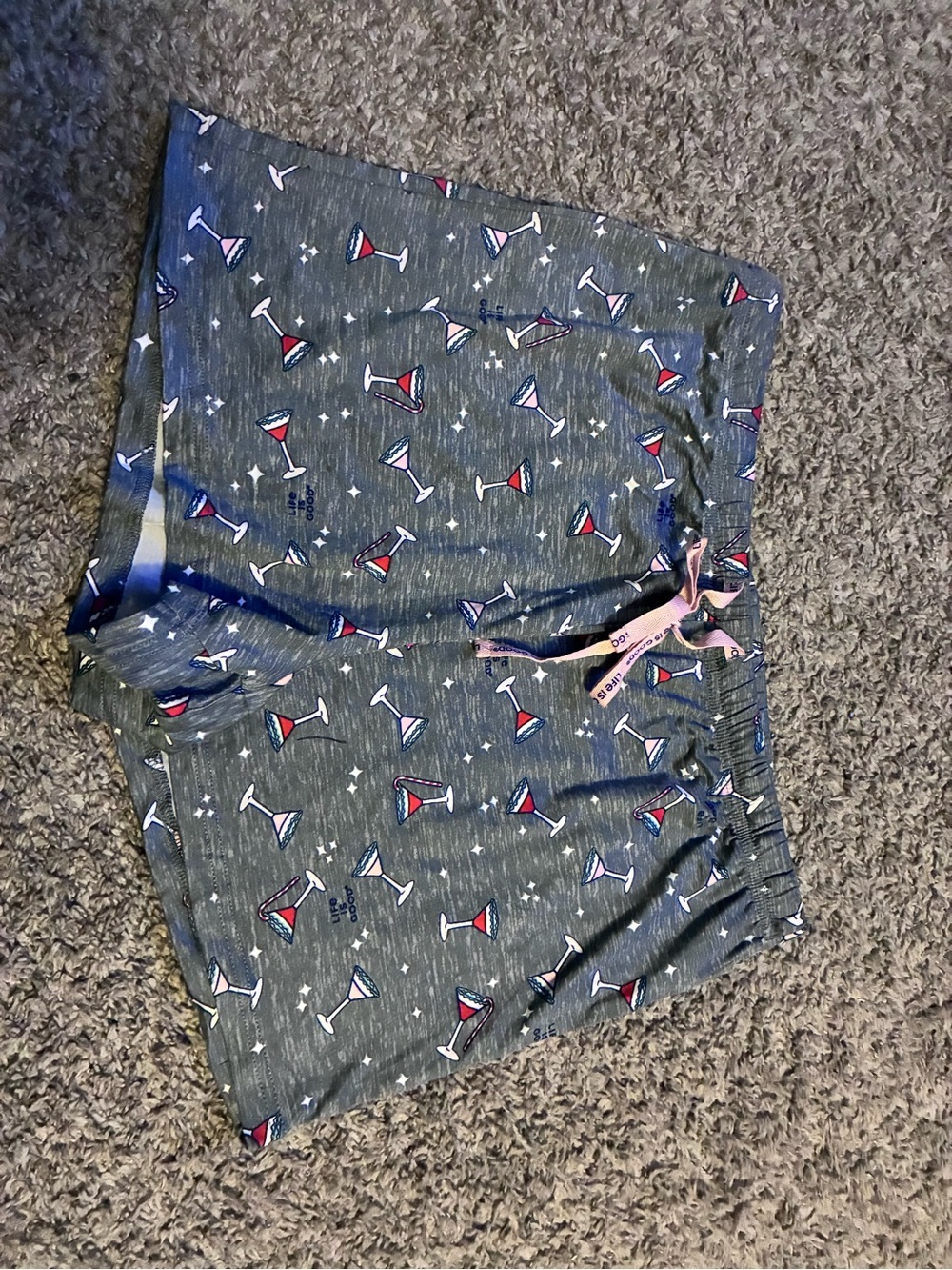Life Is Good Blue Gray Cocktail Print Drawstring Pajama Shorts with Pink Tie